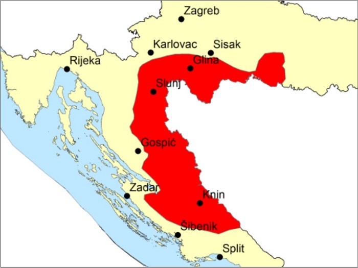 The state territory liberated by the Croatian Army in 1995 is marked in red